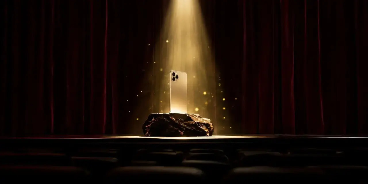红果剧场APP下载 红果剧场 红果剧场APP官方客户端主视觉,香槟金追光下的手机立于酒红舞台幕布前